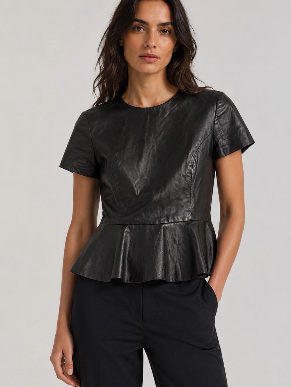 Ralph Lauren black label lamb skin leather short sleeve peplum top size 6